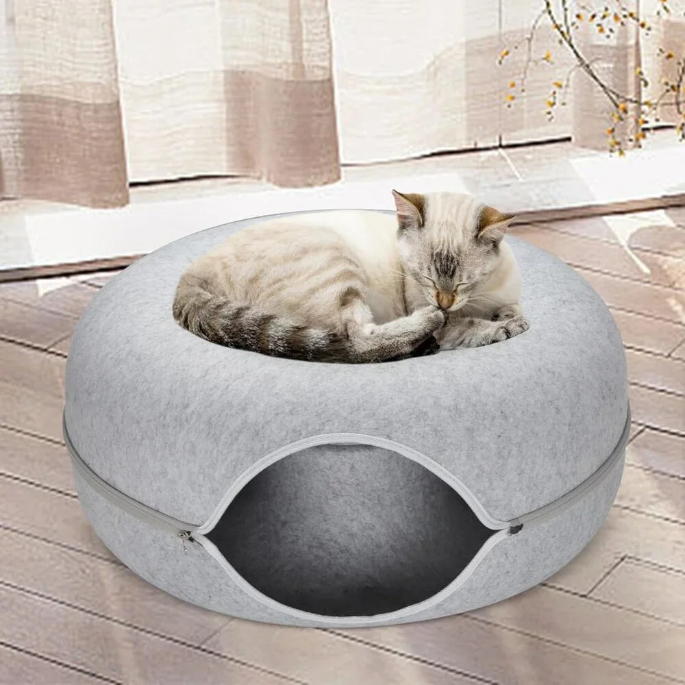 RIZZARI 24 X 24 X 11 Inches Large Cat Tunnel Bed, Peekaboo Cat Cave PINK